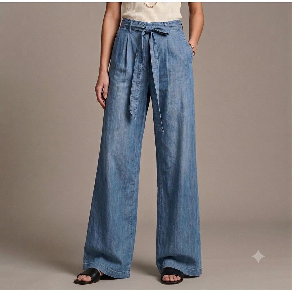 Francesca Wide Leg Jeans: Cinch-Waist, Tie-Belt & Floor-Length Light Wash Denim